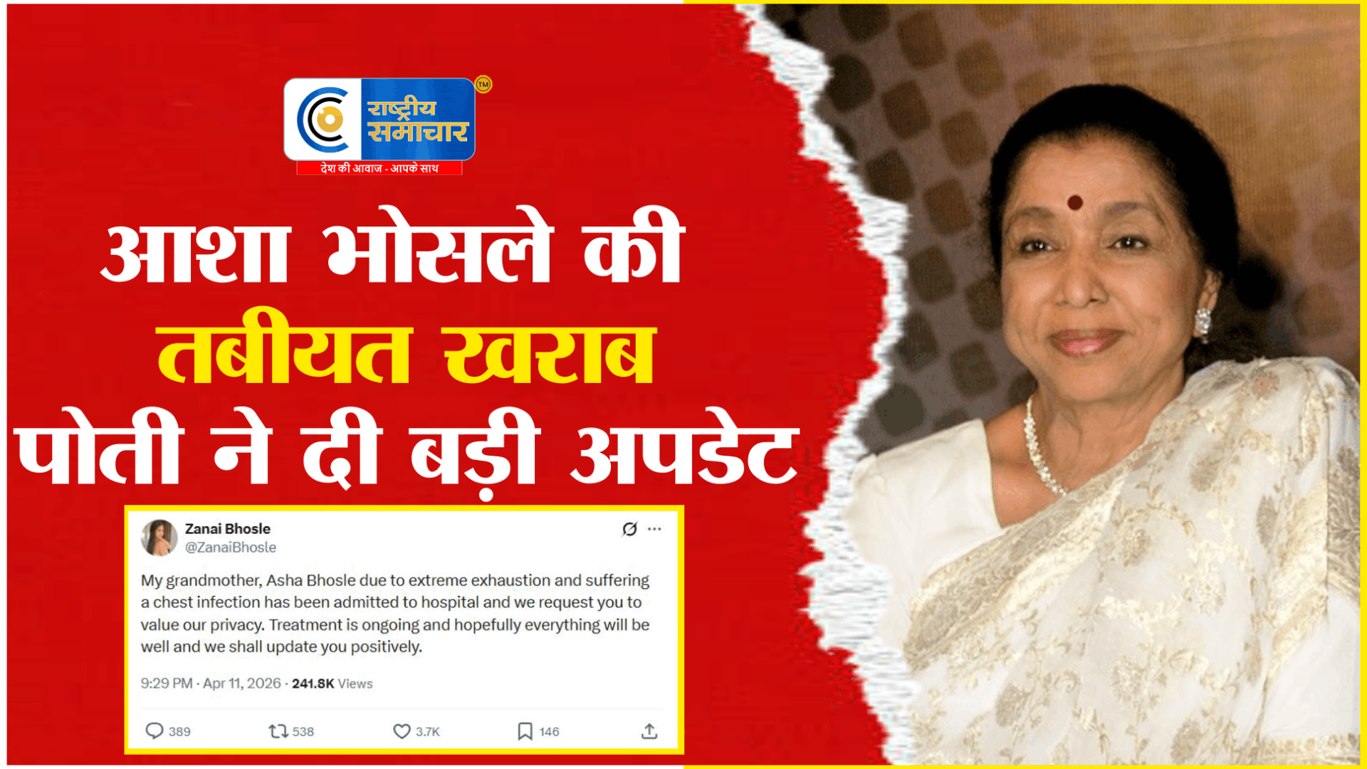 आशा भोसले अस्पताल में भर्ती:सीने में इन्फेक्शन के बाद पोती जनाई ने दिया हेल्थ अपडेट, जानें उनके जीवन का संघर्ष