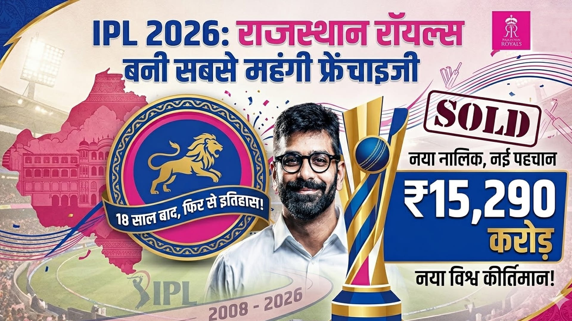 IPL 2026:₹15,290 करोड़ में नये मालिक काल सोमानी के नेतृत्व में सबसे महंगी फ्रेंचाइजी राजस्थान रॉयल्स की 