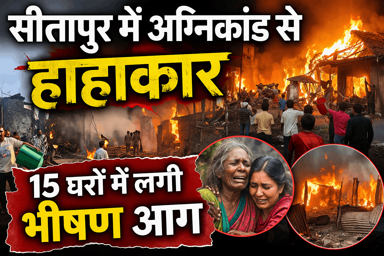 सीतापुर में भीषण अग्निकांड:तेज हवा से 15 घर जलकर खाक, मां-बेटी जिंदा जलीं, 7 साल की बच्ची गंभीर हालत 