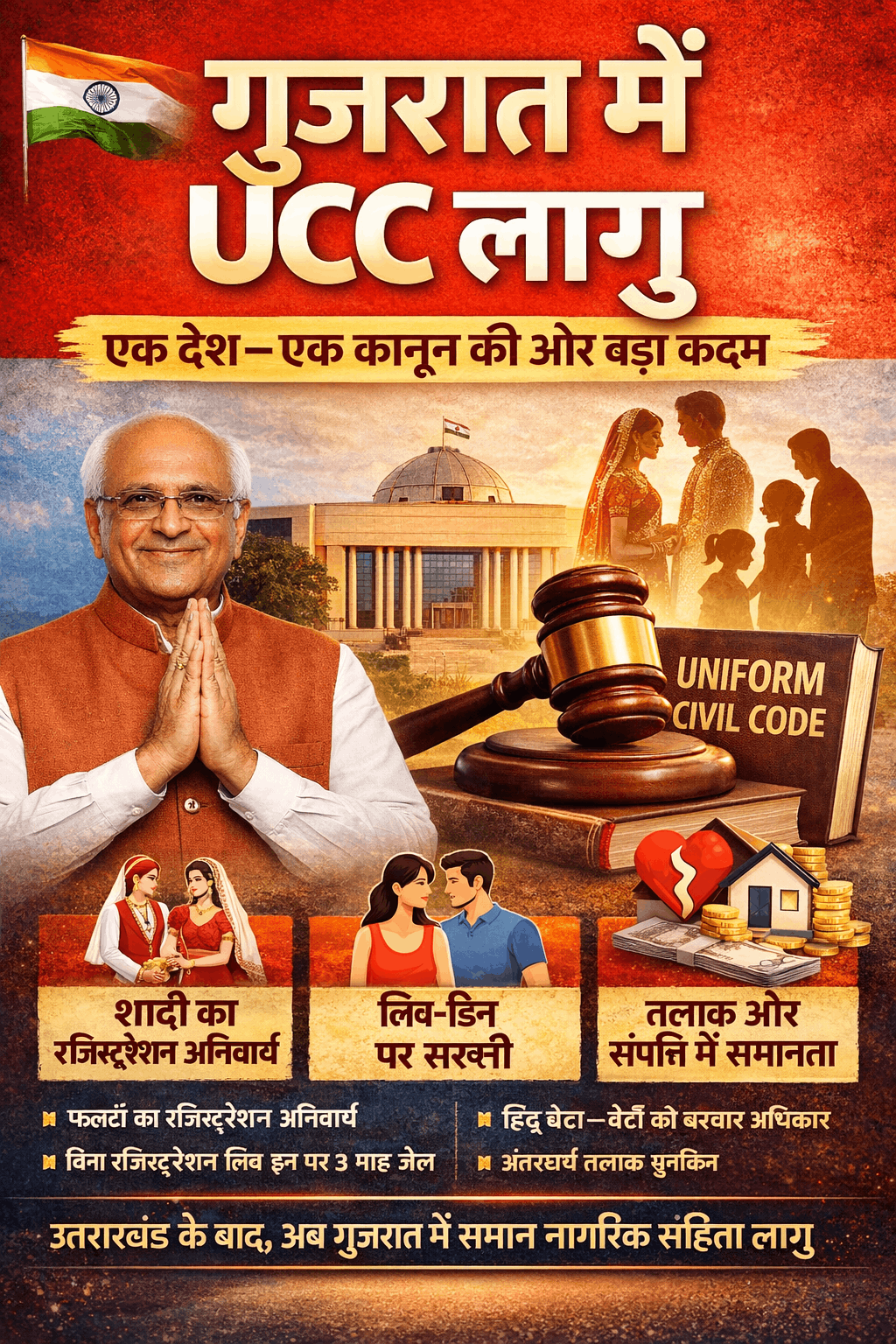 गुजरात में UCC लागू:अब एक देश–एक कानून की ओर बड़ा कदम, बदलेगी शादी से विरासत तक की तस्वीर