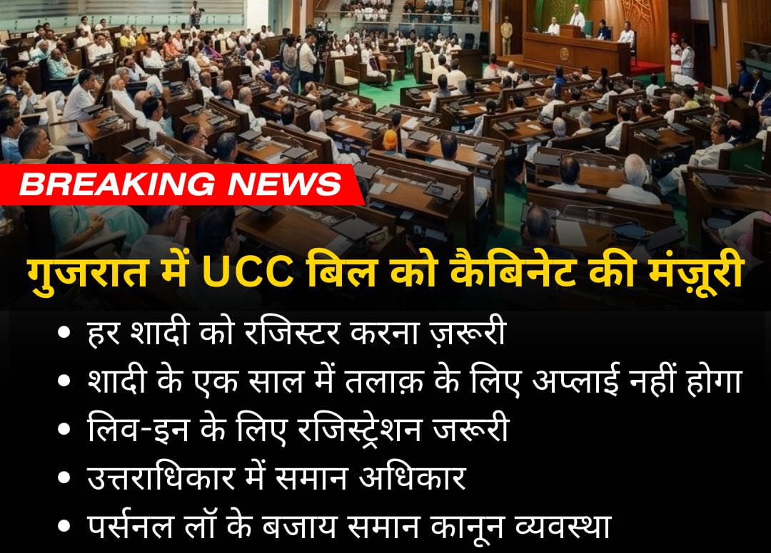 उत्तराखंड की तर्ज पर गुजरात में UCC को मंजूरी गुजरात में UCC लागू  शादी-तलाक, लिव-इन और संपत्ति नियमों में बड़ा बदलाव