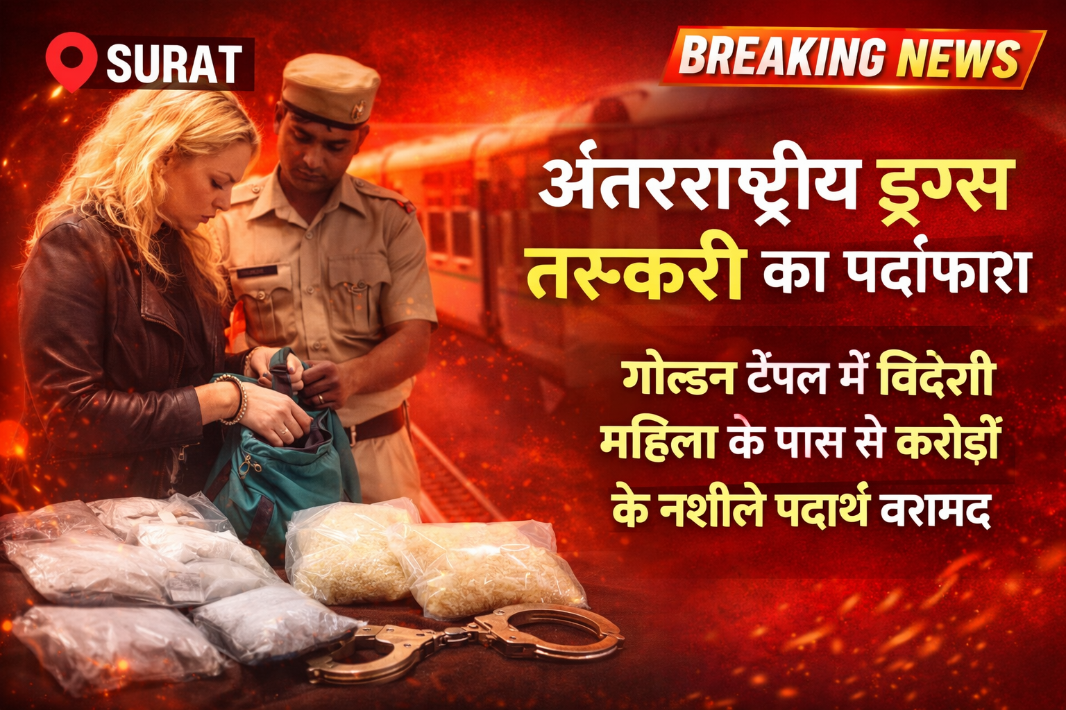 सूरत में अंतरराष्ट्रीय ड्रग्स तस्करी के नेटवर्क का पर्दाफाश :गोल्डन टेंपल एक्सप्रेस में विदेशी महिला से दो करोड़ के नशीले पदार्थ बरामद 