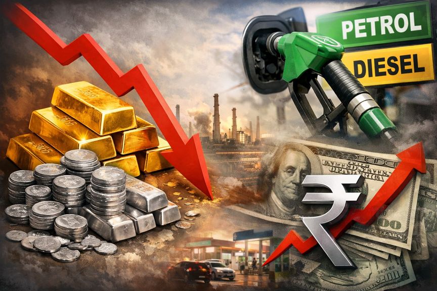 Gold Silver Crash: सोना ₹4,276 सस्ता :पेट्रोल-डीजल पर एक्साइज ड्यूटी में राहत: रुपया 94.7 के रिकॉर्ड निचले स्तर पर
