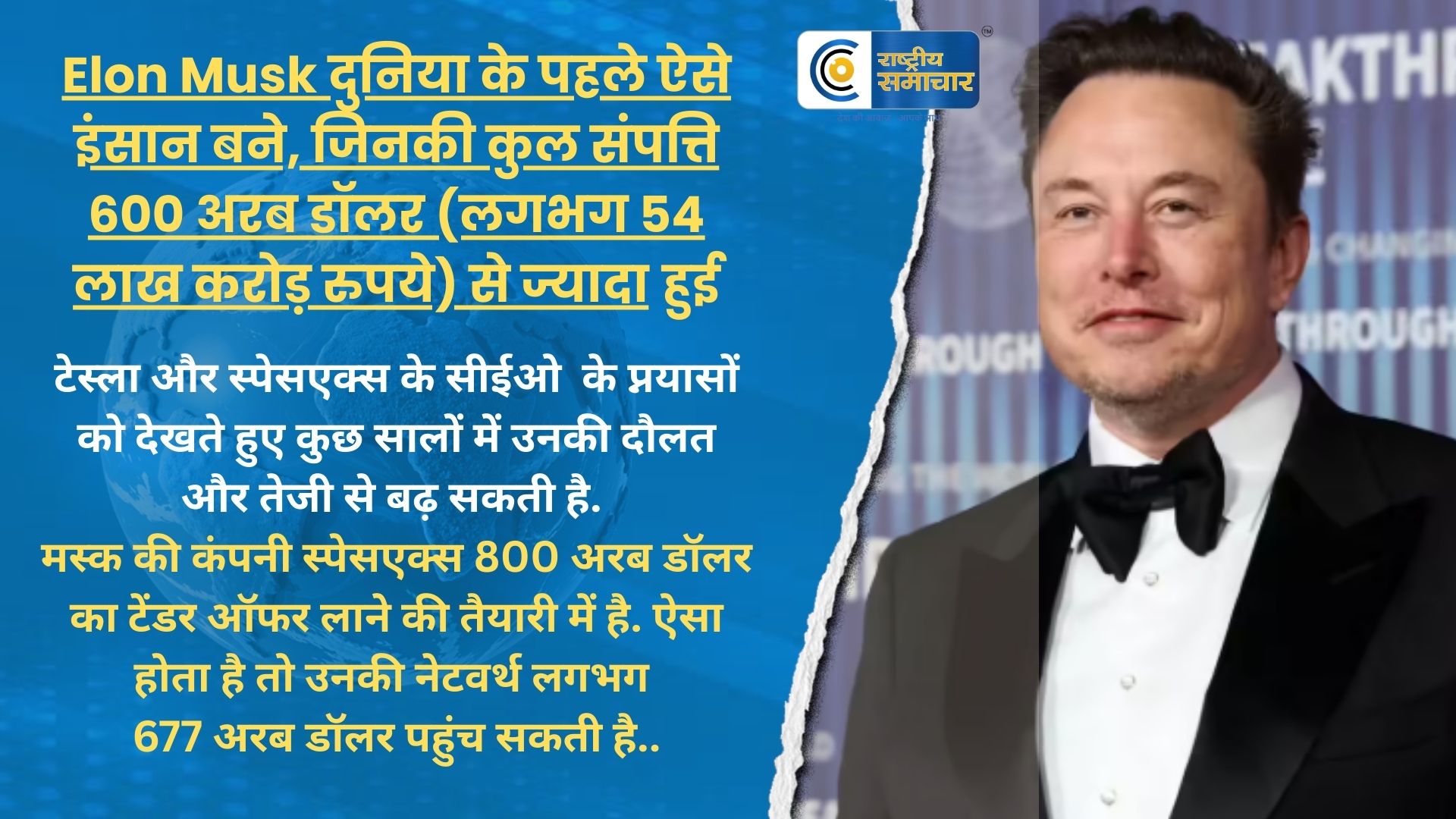 Elon Muskदुनिया के पहले ऐसे इंसान बन गए, जिनकी कुल संपत्ति 600 अरब डॉलर यानी लगभग 54 लाख करोड़ रुपये  से ज्यादा 