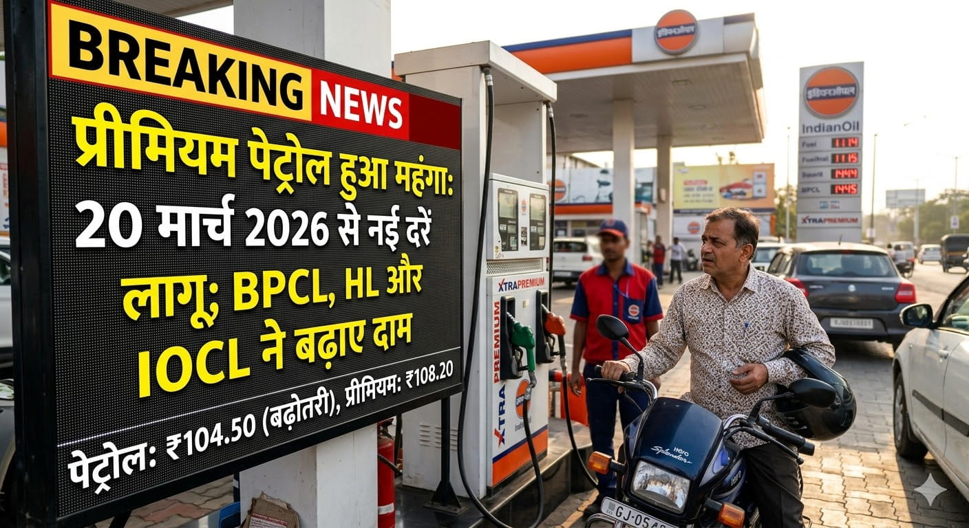 प्रीमियम पेट्रोल हुआ महंगा20 मार्च 2026 से नई दरें लागू; BPCL, HPCL और IOCL ने बढ़ाए दाम डीजल कीमतों मे बदलाव नहीं 