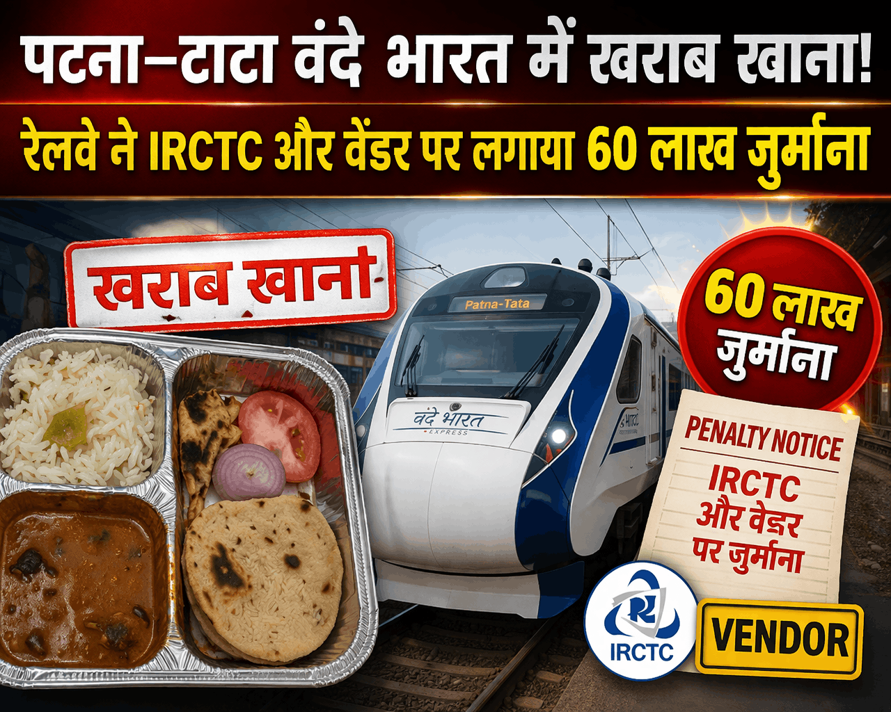 पटना–टाटा वंदे भारत  में खराब भोजन परोसने पर रेलवे का सख्त एक्शन IRCTC और वेंडर पर 60 लाख का भारी जुर्माना