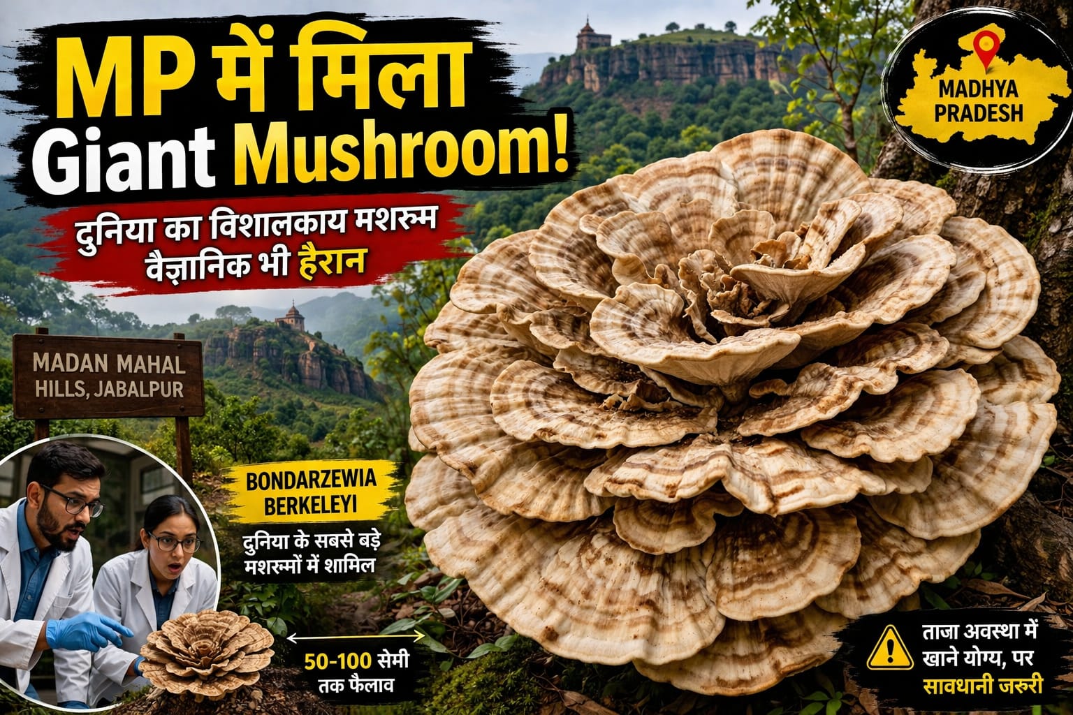 मध्य प्रदेश में मिला दुनिया का :विशालकाय मशरूम, वैज्ञानिक भी हैरान 100 सेमी तक फैलने वाला मशरूम बना आकर्षण